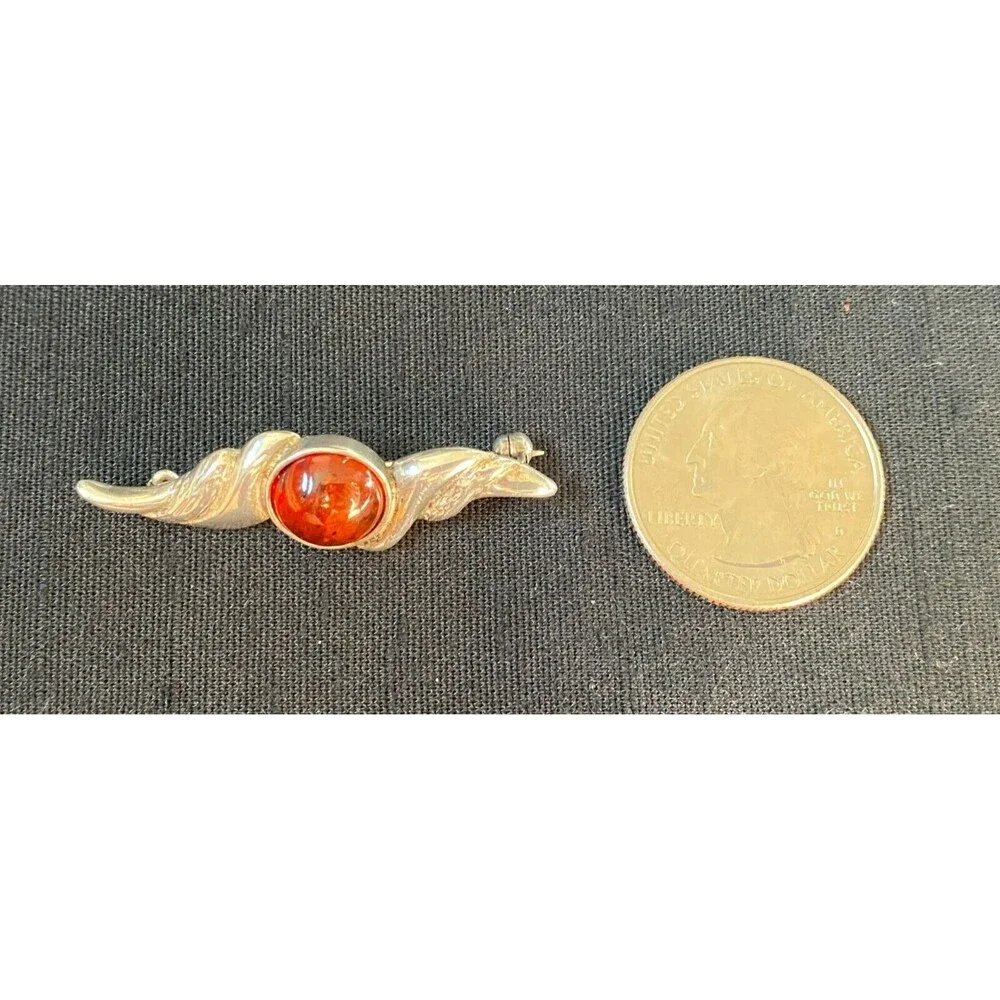 Vintage Sterling Silver & Orange Amber Brooch Pin – Classic Oval Cabochon